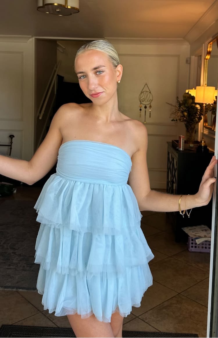 Strapless Blue Tulle Homecoming Dress Layered Cocktail Dress J11524