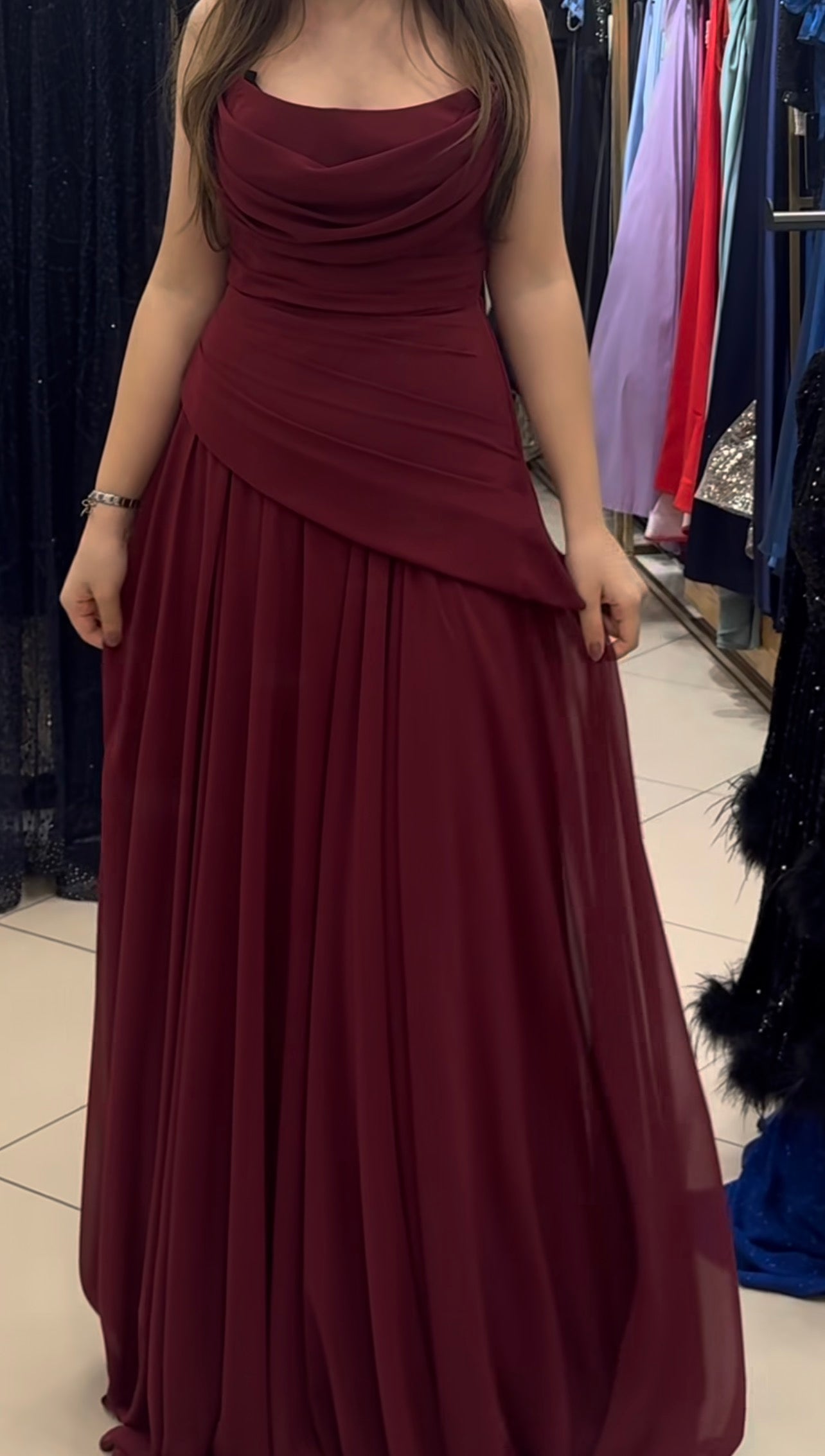 Strapless Burgundy Chiffon Formal Prom Dress Wedding Guest Dress J10086