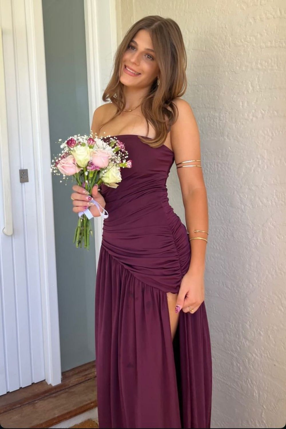 Strapless Burgundy Maxi Dress With Slit Formal Prom Dress J9770