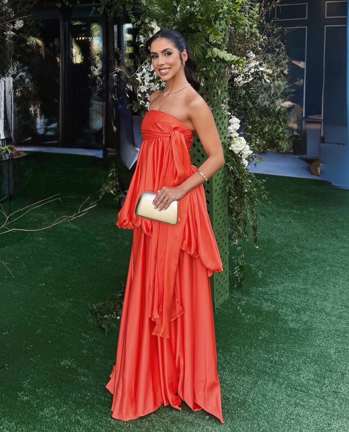 Strapless Burnt Orange Satin Evening Gown With Side Bow A‑Line Formal Maxi Dress J11967