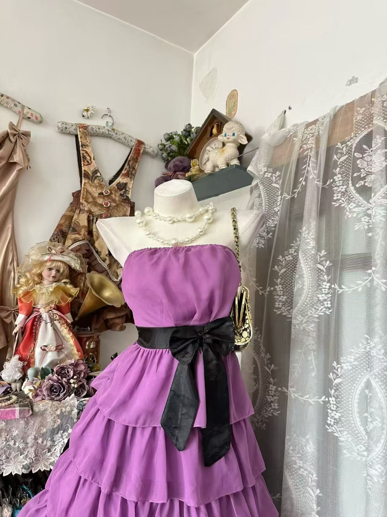 Robe de bal bustier violette en satin avec appliques, robe de soirée formelle J9413