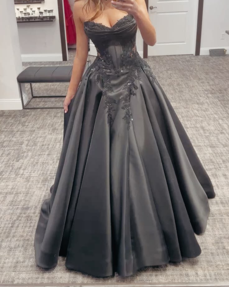 Strapless Dark Gray A Line Formal Prom Dress With Appliques J12252
