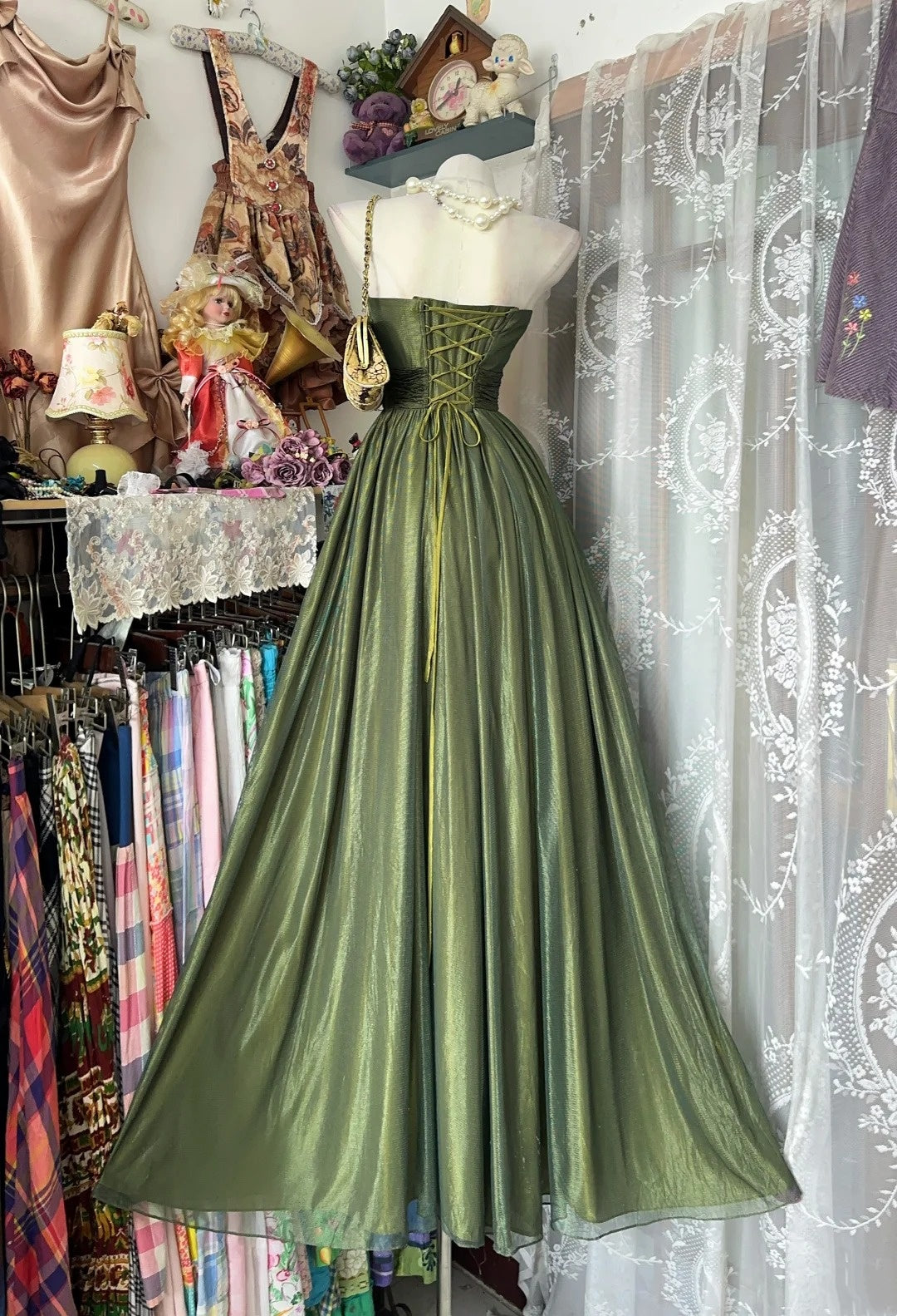 Trägerloses silbernes Vintage-Abendkleid, A-Linie, Geburtstagskleid J9370