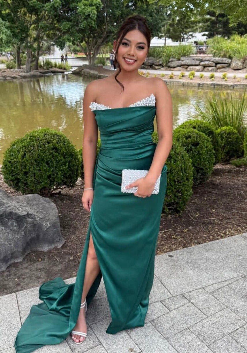 Strapless Green Satin Prom Dress Pearl Beaded Evening Dress J10102