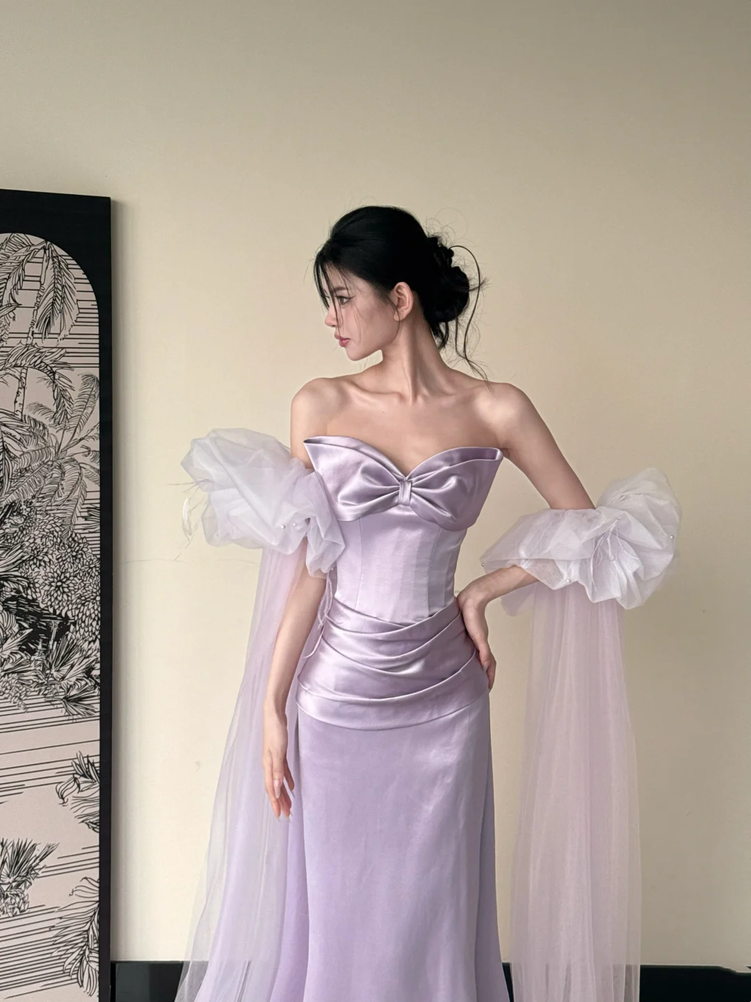 Robe de bal bustier violette en satin avec appliques, robe de soirée formelle J9413
