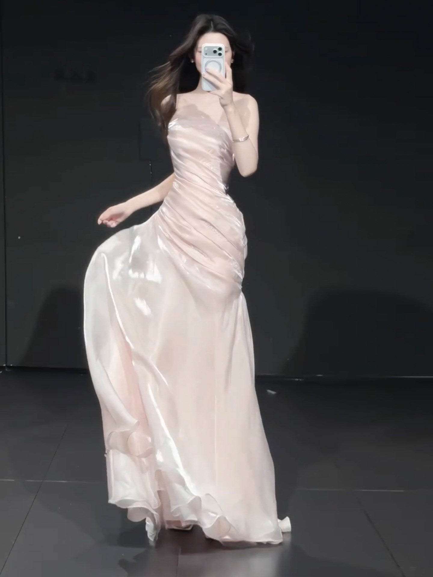 Trägerloses silbernes Vintage-Abendkleid, A-Linie, Geburtstagskleid J9370