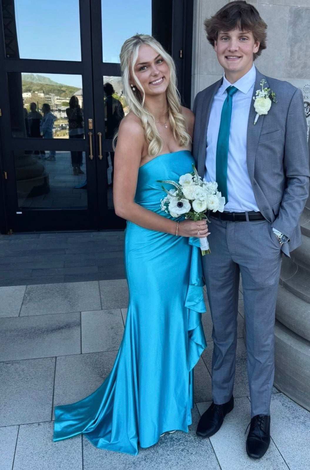 Strapless Mermaid Ruffled Blue Satin Prom Dress J10090