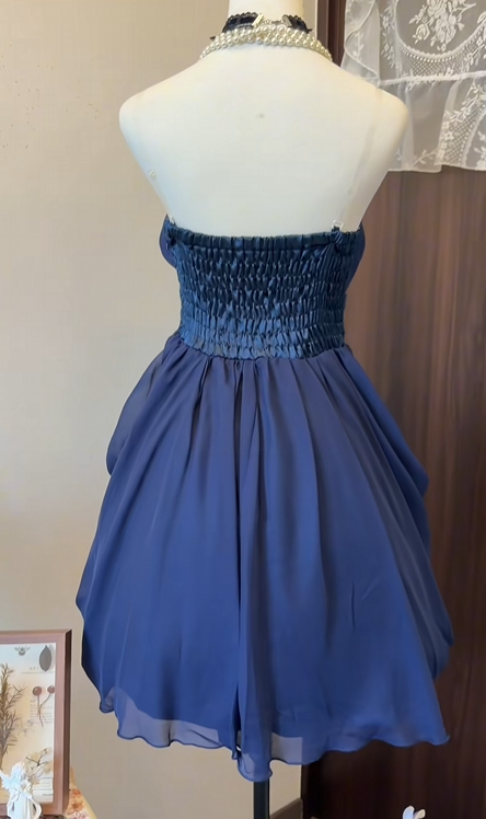 Strapless Navy Blue Chiffon Homecoming Dress With Bow J11033