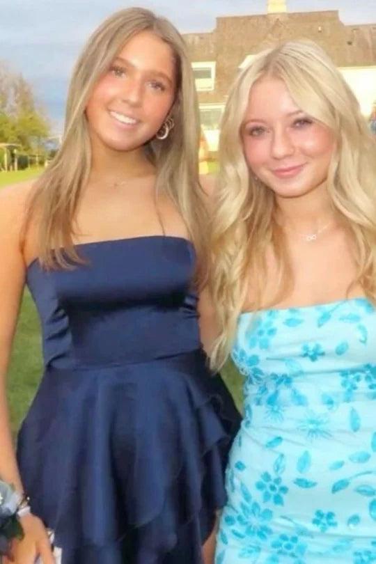 Strapless Navy Blue Satin Homecoming Dress Ruffled Party Dress J11462