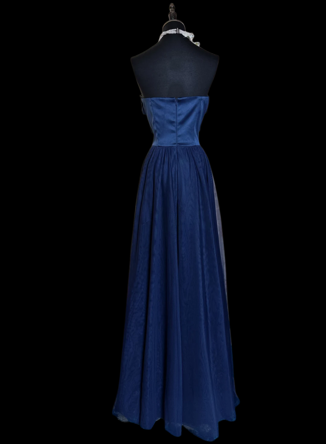 Strapless Navy Blue Satin Tulle A Line Prom Dress J9754