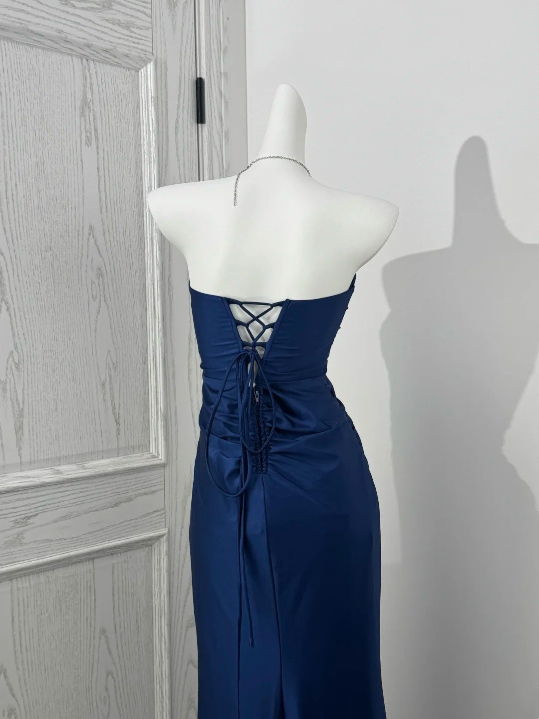 Strapless Navy Blue Sheath Prom Dress With Slit J10402