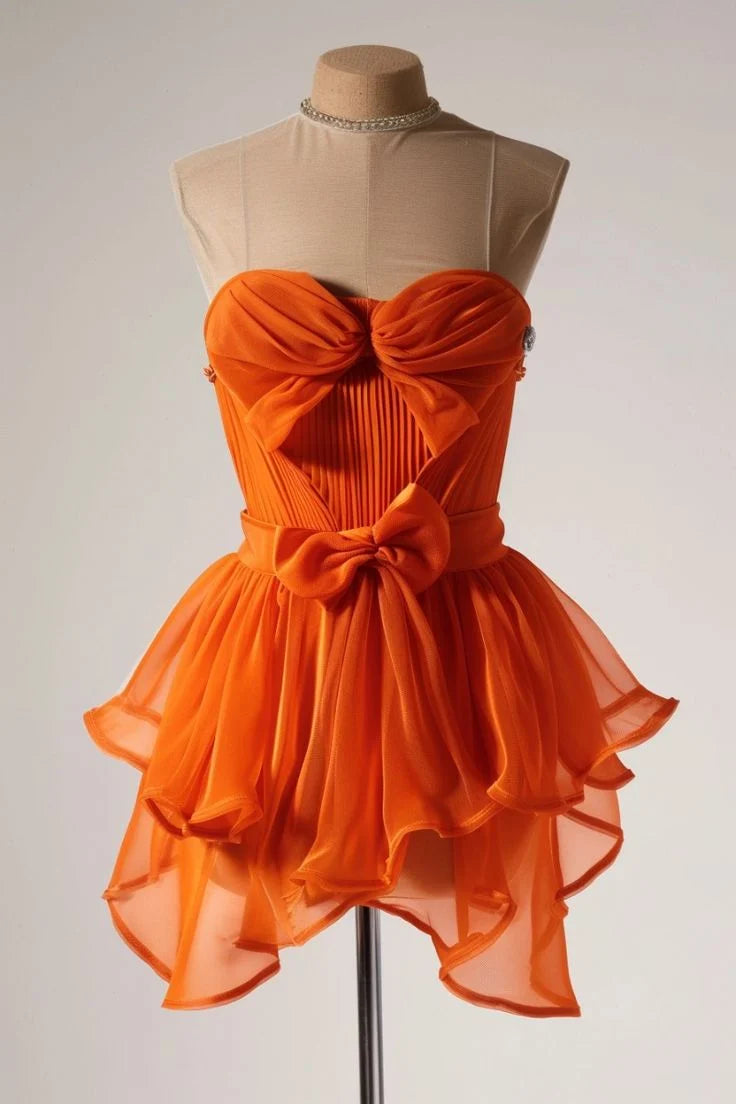 Strapless Orange Chiffon Homecoming Dress Ruffled Short Dress J11558