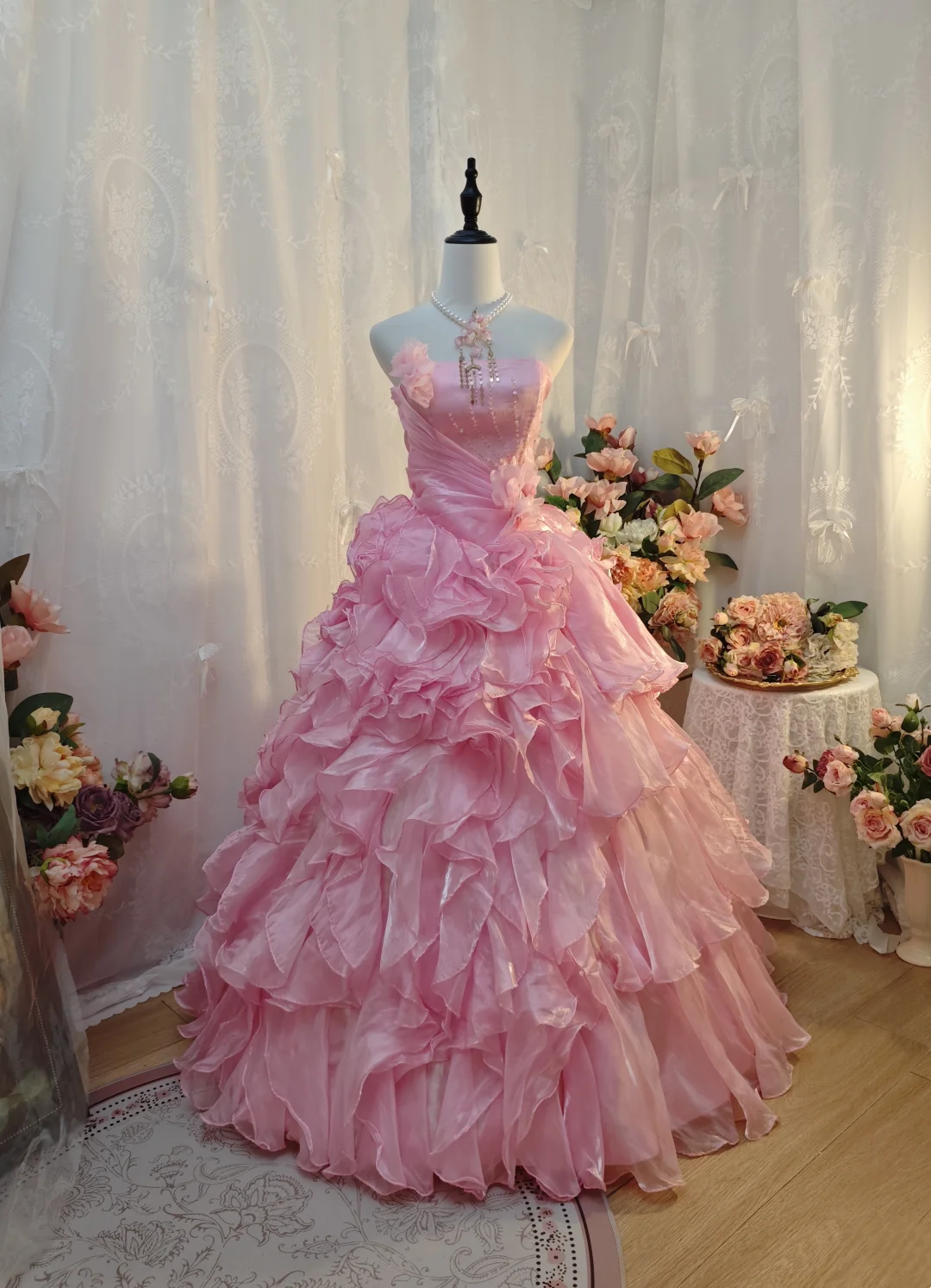 Strapless Pink A Line Sweet 16 Birthday Dress Ruffled Quinceanera Dres – JulyProm