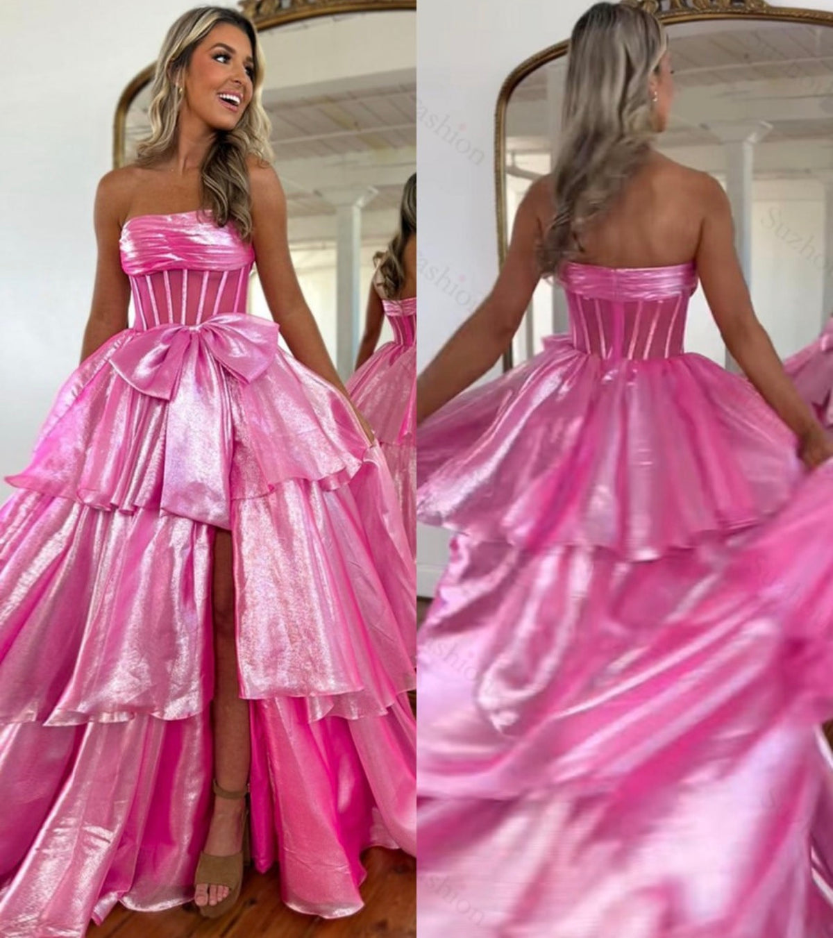 Trägerloses silbernes Vintage-Abendkleid, A-Linie, Geburtstagskleid J9370