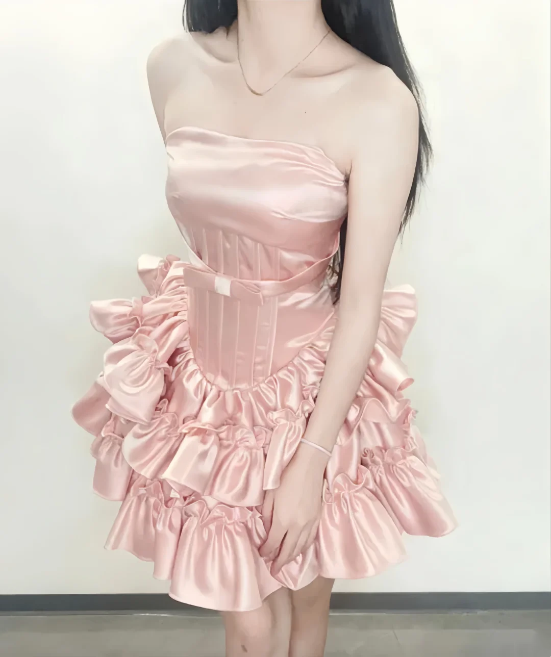 Strapless Pink Satin Birthday Dress Ruffled Short Party Dress J10230