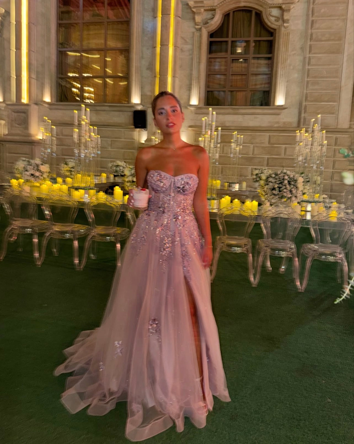 Strapless Pink Tulle Formal Prom Dress With Sequins Appliques J12014