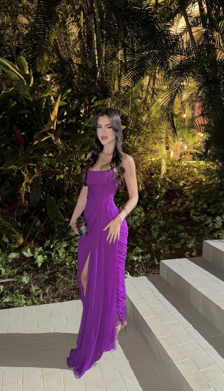 Strapless Purple Chiffon Prom Dress With Slit Formal Wedding Guest Dress J9965