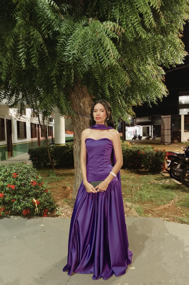 Strapless Purple Satin Formal Wedding Guest Dress With Scarf J11835