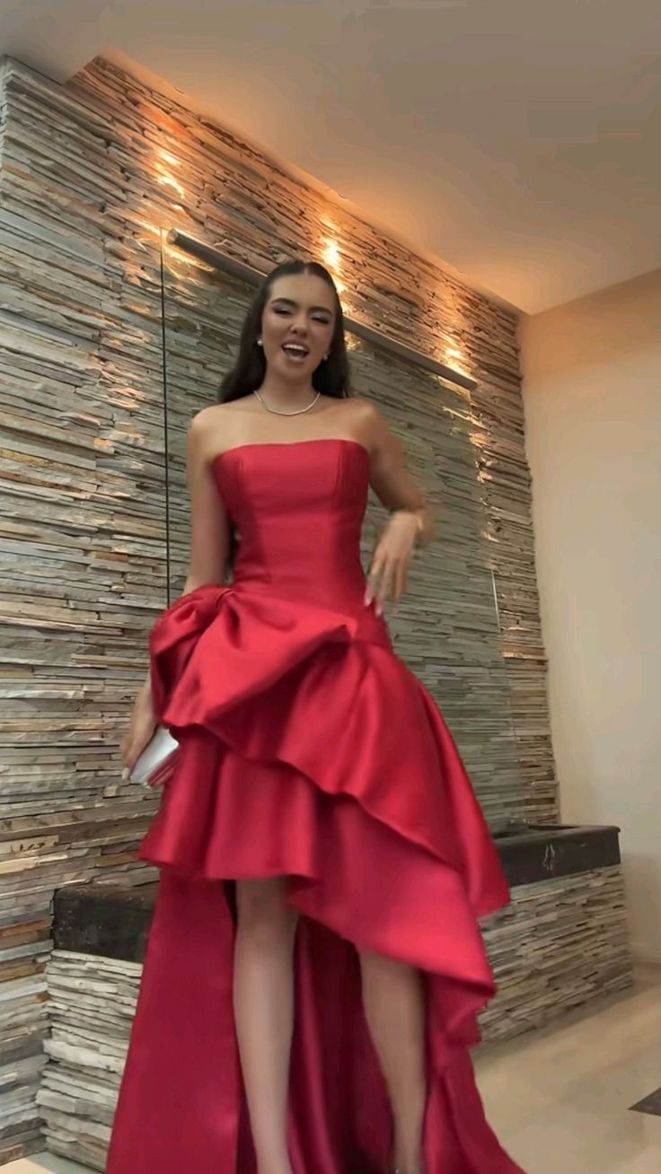 Strapless Red Satin Formal Dress A Line Homecoming Dress J11807