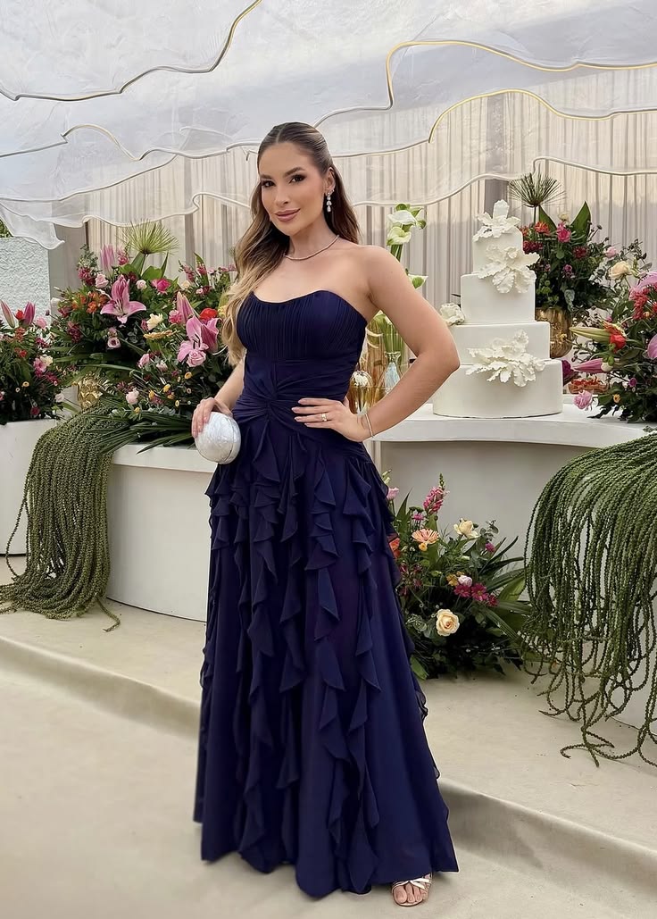 Strapless Ruffled Chiffon Formal Wedding Guest Dress J11837