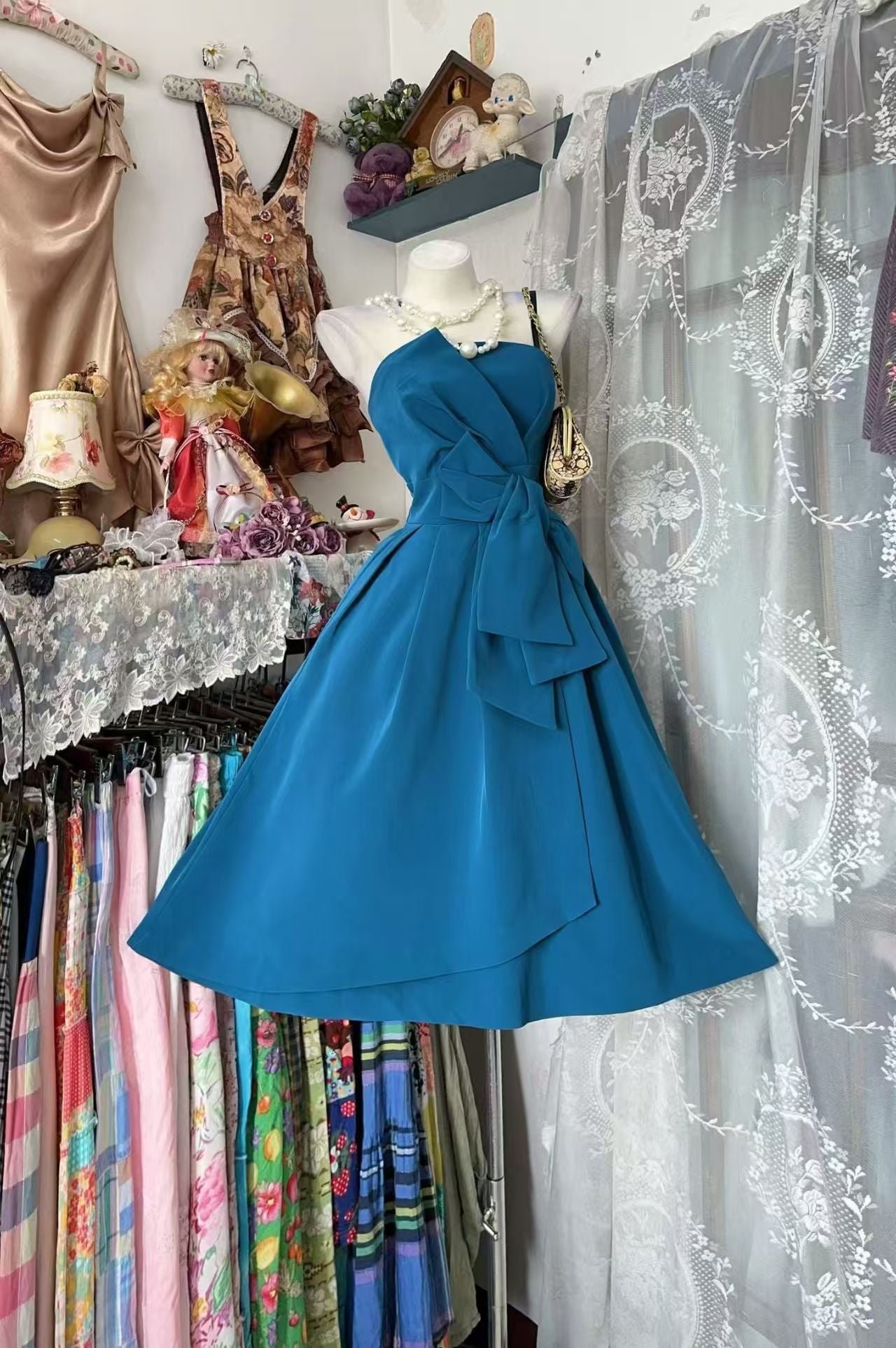 short teal homecoming dresses Strapless A Line Dress Party Dress J11116 fabric-crepe Black Textured Sheer Floral ready look Size:9 / 39.5