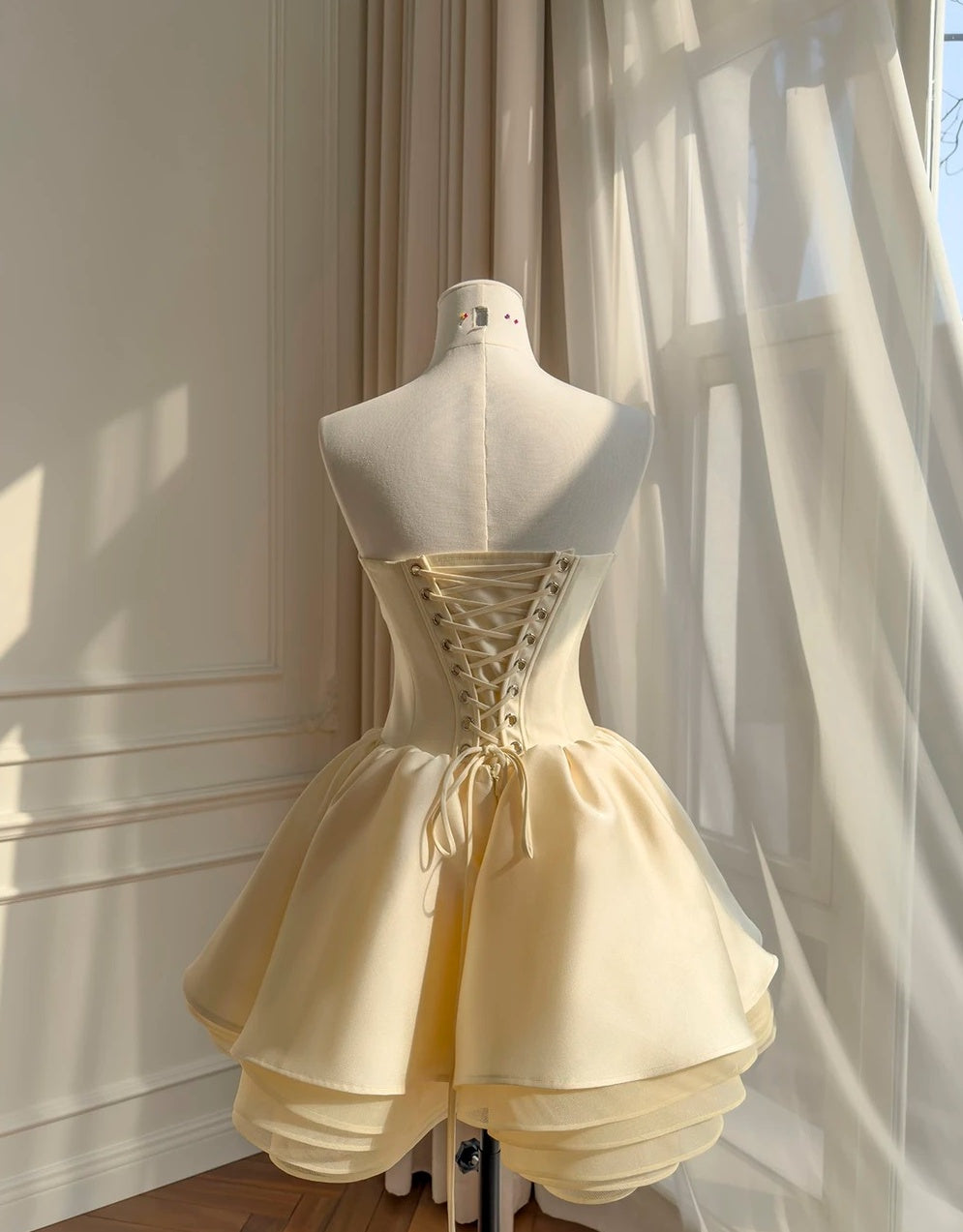 Strapless Yellow A Line Homecoming Dress With Pearl Bow J10286