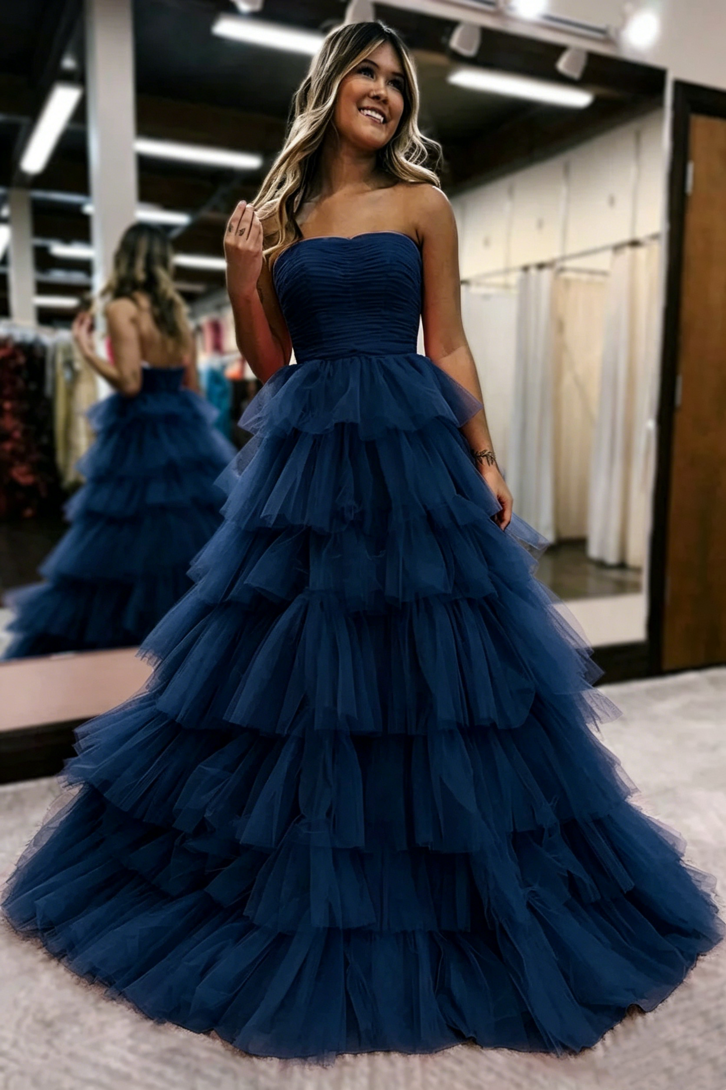 Strapless A-Line Tulle Prom Dresses Hot Pink Layered Evening Gowns 2112