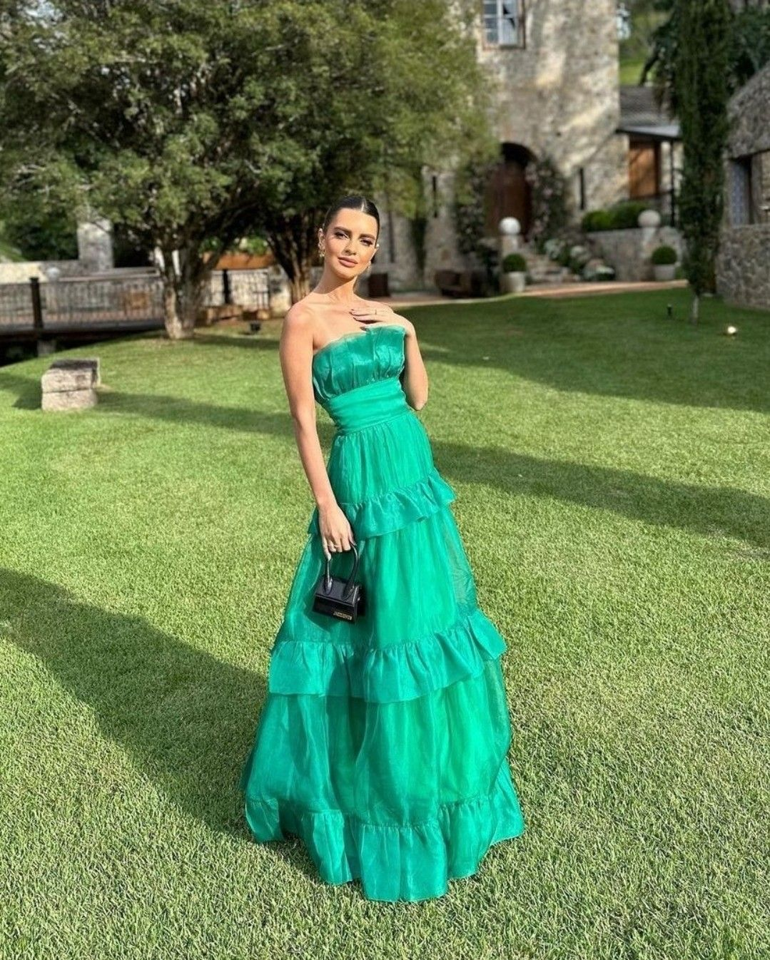 Strapless Green A Line Ruffled Formal Wedding Guest Dress J9972