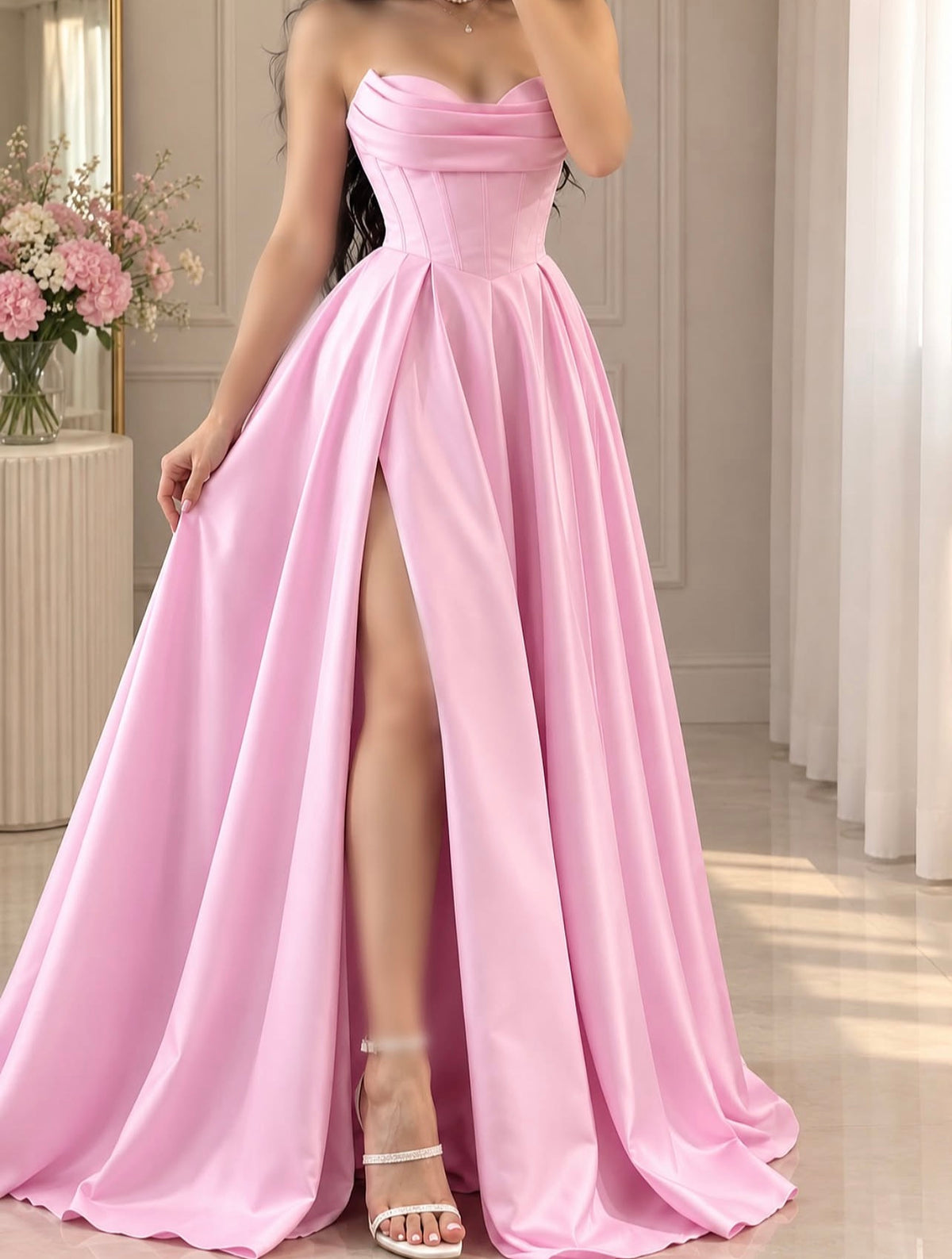 Sweetheart Neck Pink Satin Prom Dress A Line Wedding Guest Dress J12164