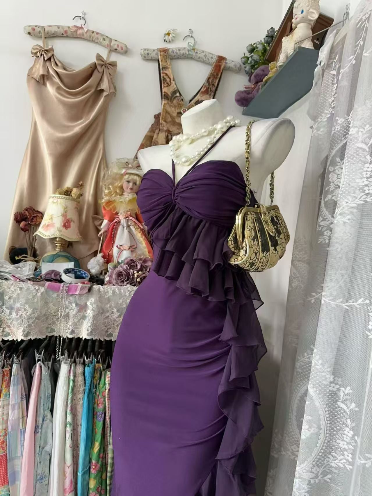 Robe de bal bustier violette en satin avec appliques, robe de soirée formelle J9413