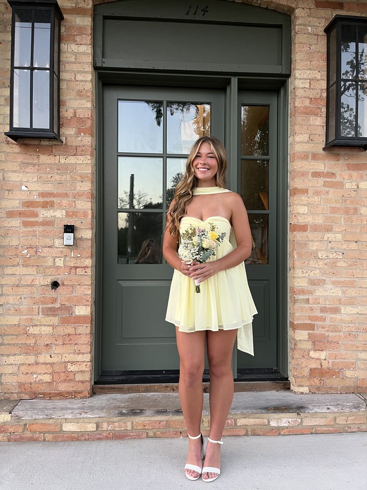 Sweetheart Yellow Chiffon Homecoming Dress With Scarf J10477
