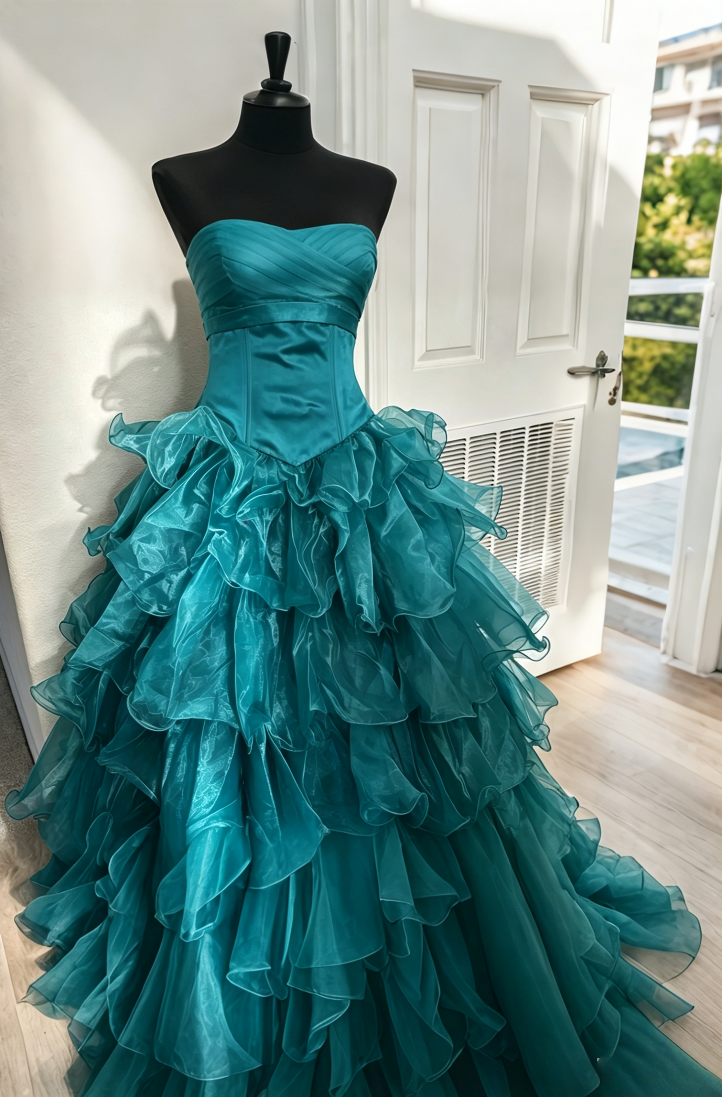Teal Ruffled Retro Prom Dress Princess Birthday Gown J10476