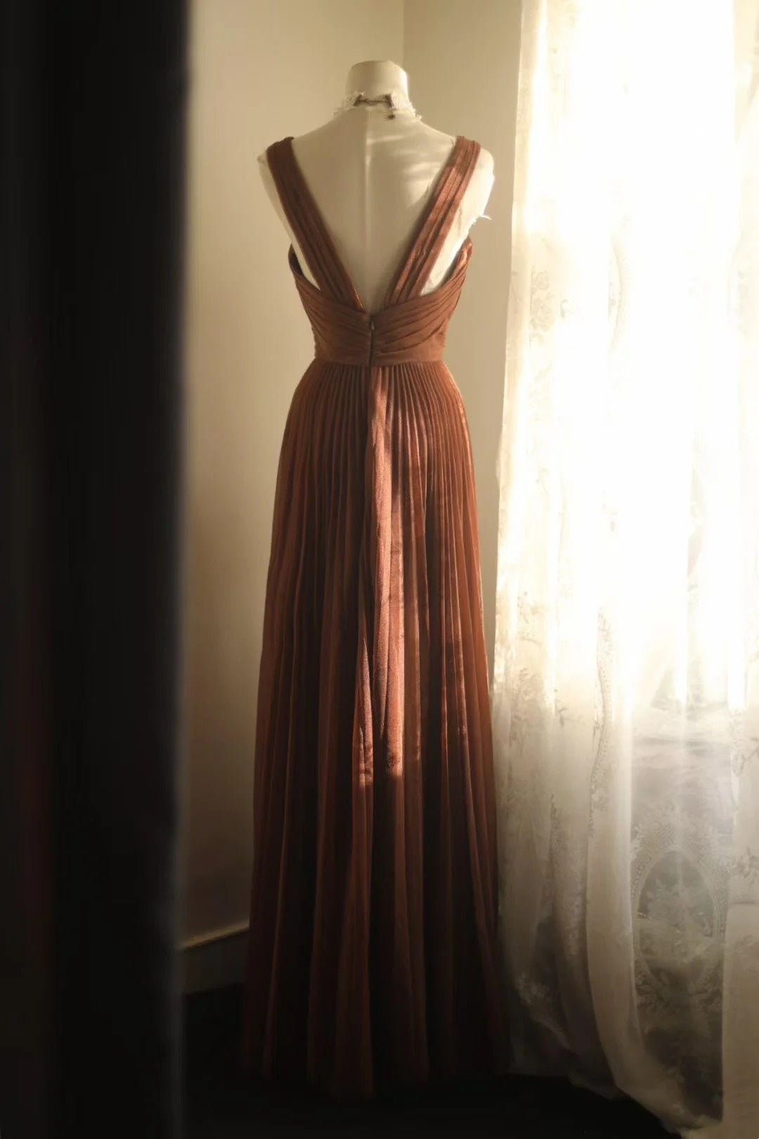 V Neck A Line Brown Formal Dress Pleaded Evening Gown J10167