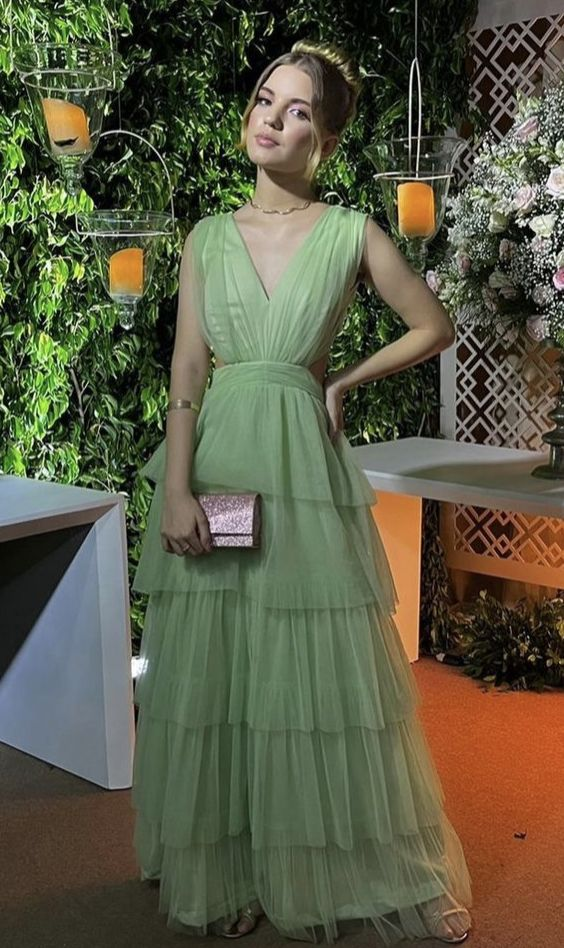 V Neck A Line Green Wedding Guest Dress Layered Formal Dress J9970
