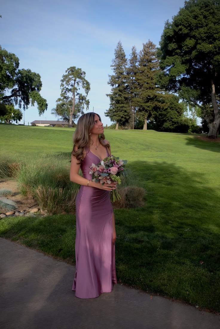 V Neck Mermaid Satin Prom Dress With Slit Formal Evening Gown J11119