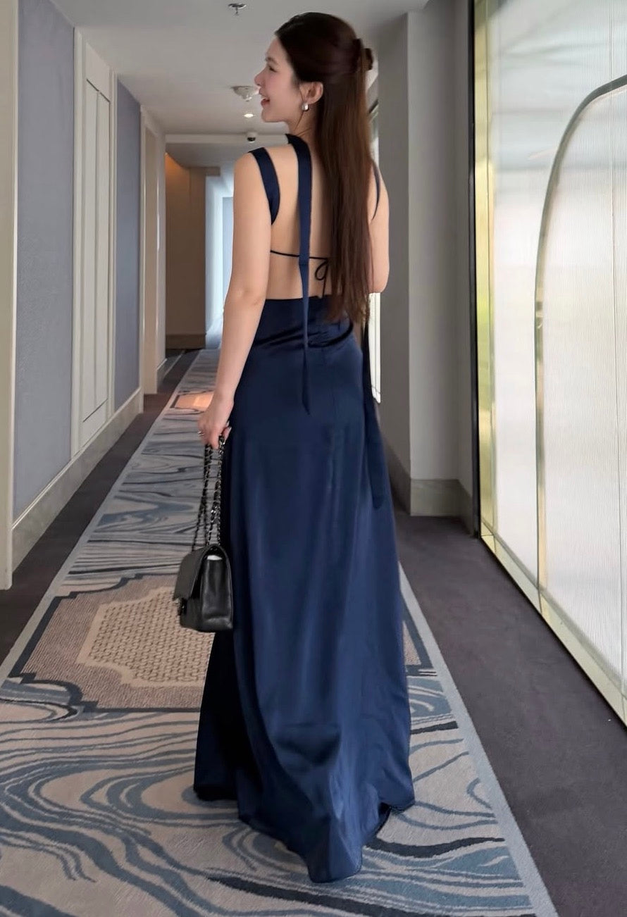 V Neck Navy Blue Satin Prom Dress Backless Wedding Guest Dress J9869