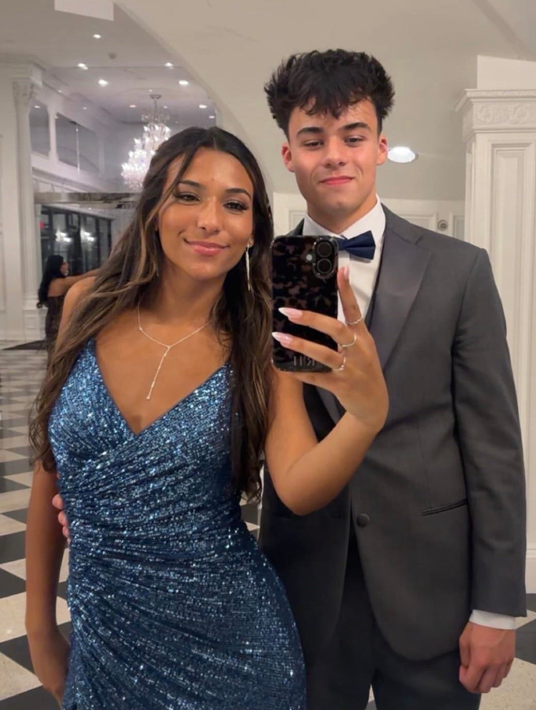 V Neck Navy Blue Sequin Mermaid Long Dress With Slit J12187