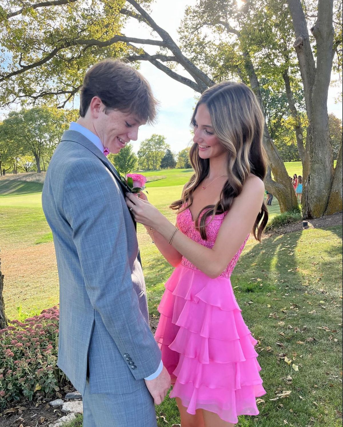 V Neck Pink Layered Homecoming Dress Short Chiffon Party Dress J11485