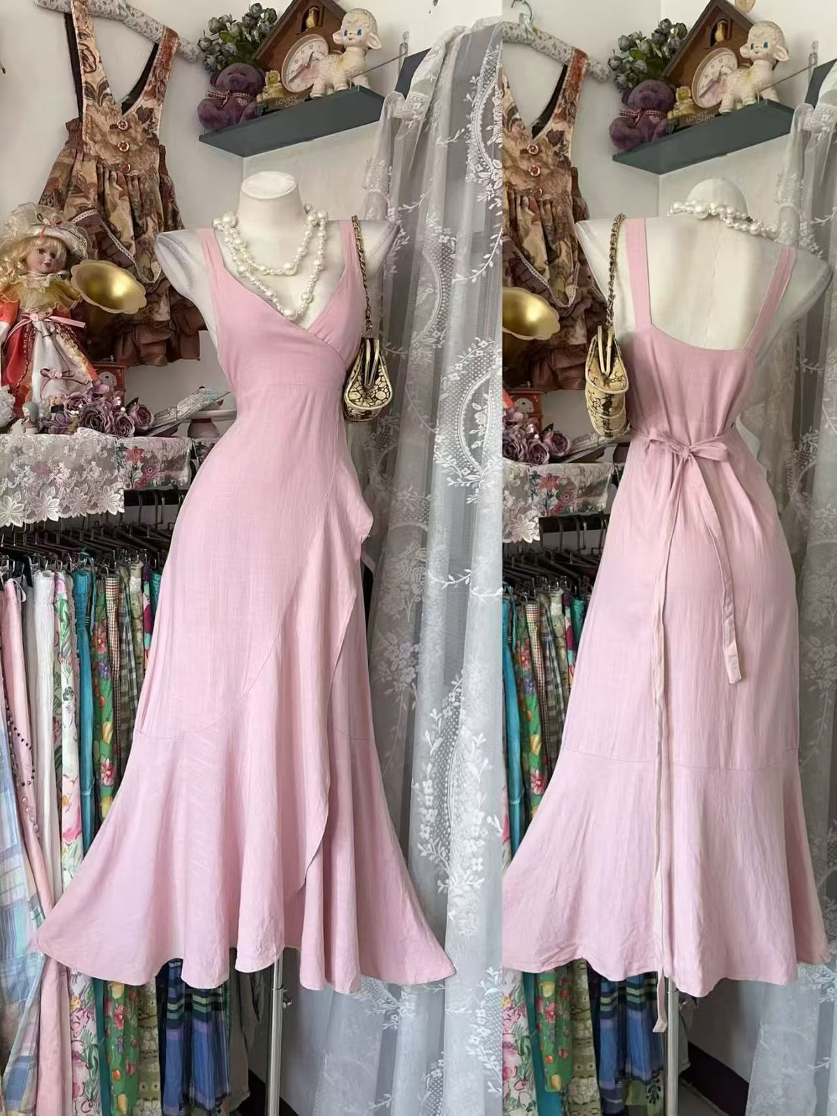V Neck Pink Ruffled Wedding Guest Dress A Line Evening Dress J11856