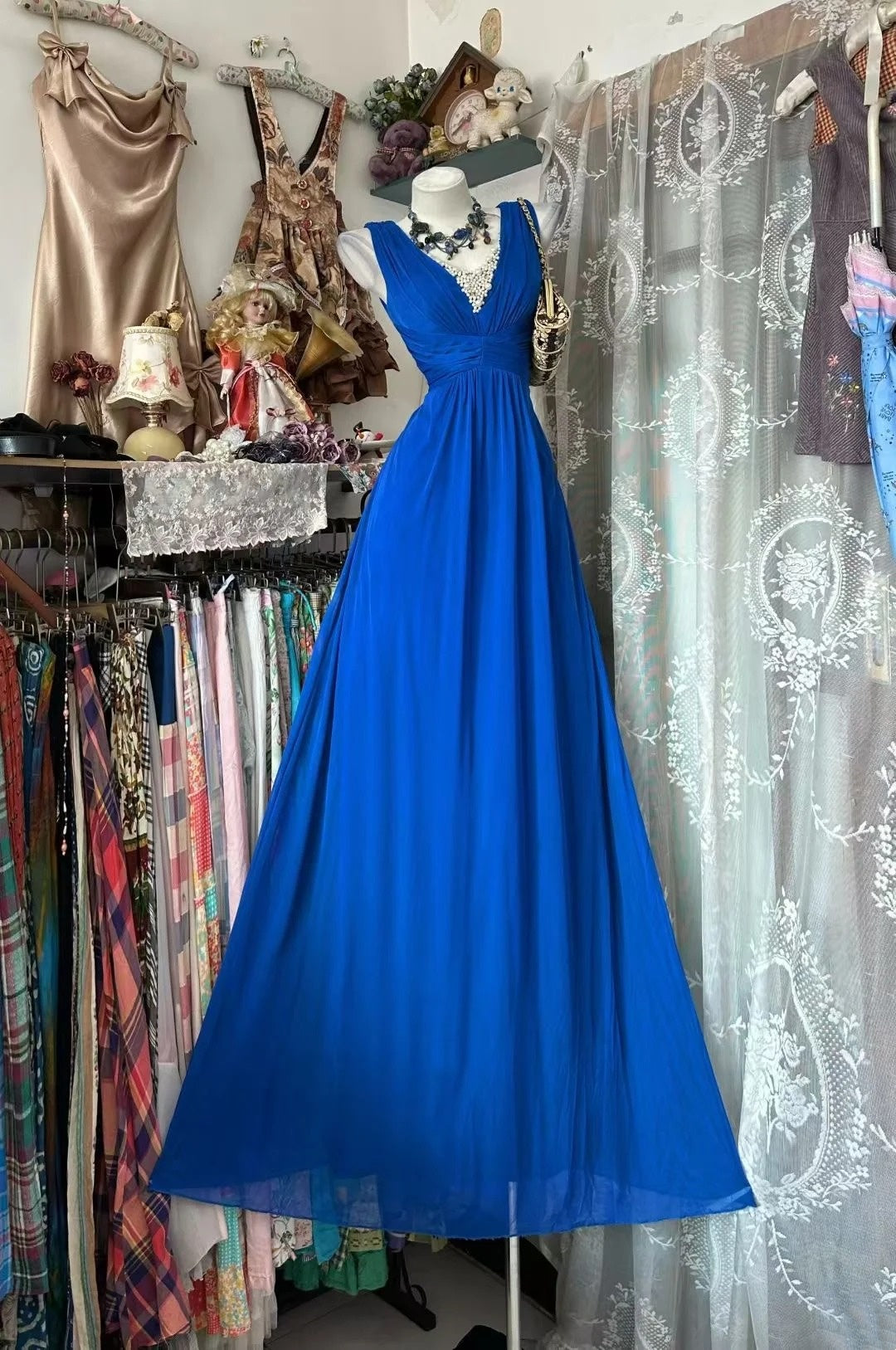 V Neck Royal Blue Chiffon Prom Dress Formal Wedding Guest Dress J10510