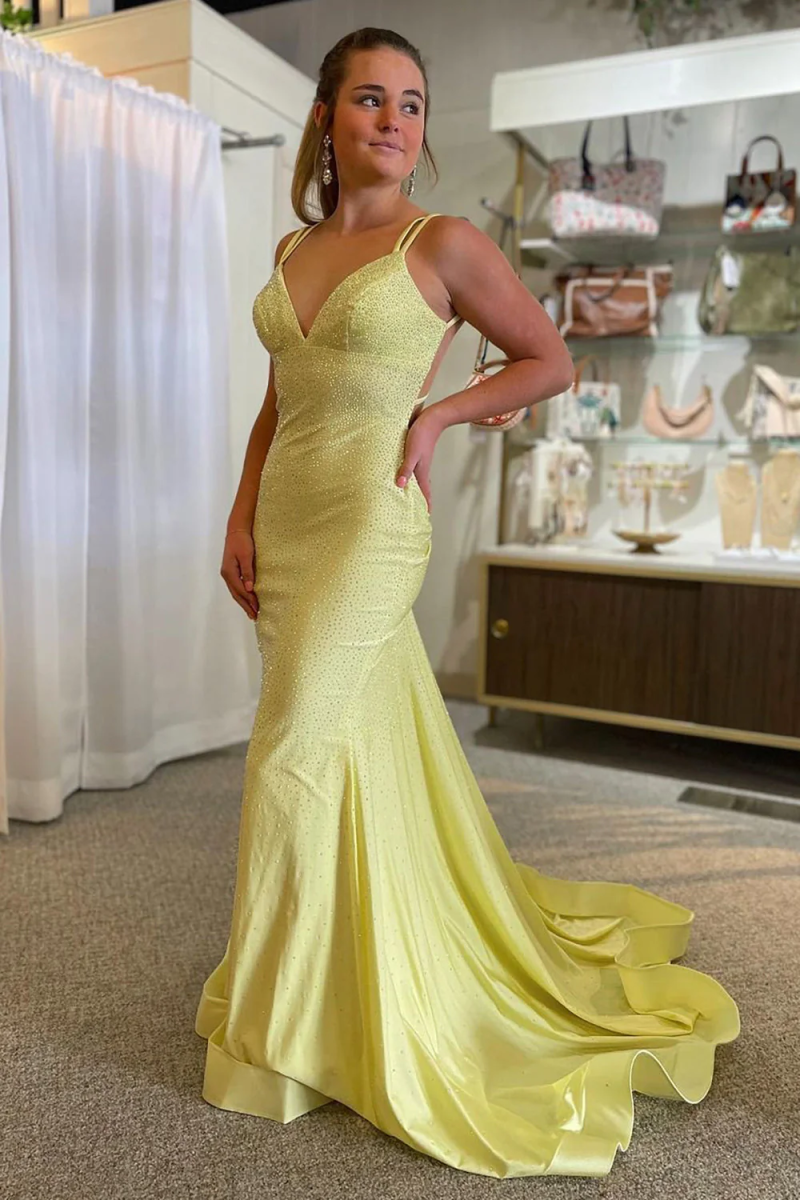 Yellow Mermaid Long Prom Dresses Shiny Evening Formal Dresses J2611