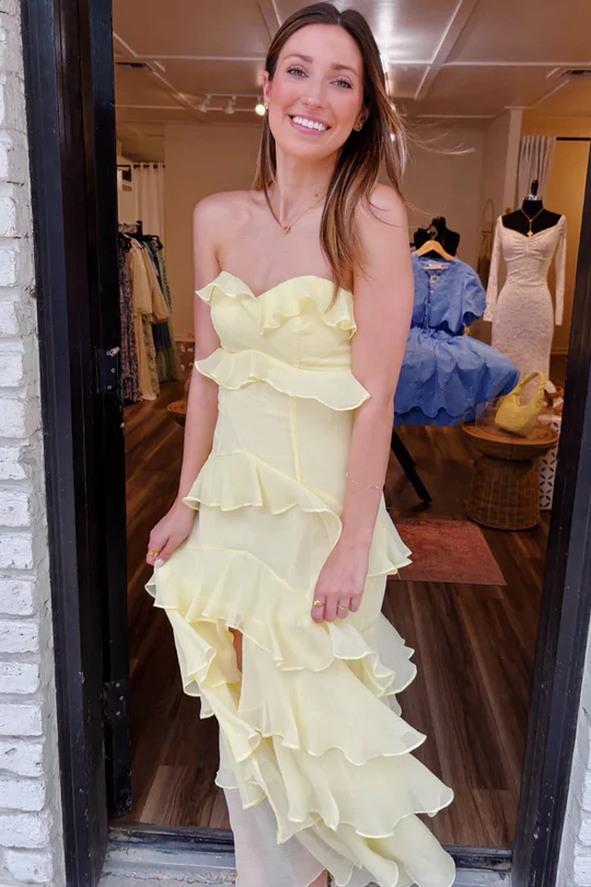 Yellow Strapless Ruffles Chiffon Formal Prom Dress With Slit J9757