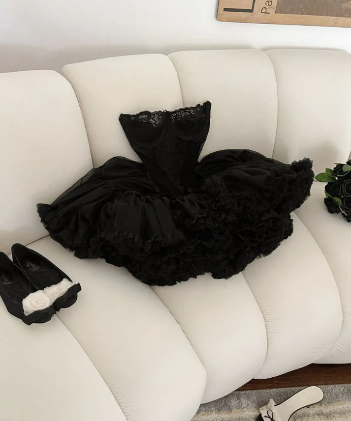 Strapless Black Ruffles Lace Homecoming Dress Short Birthday Outfits J7262