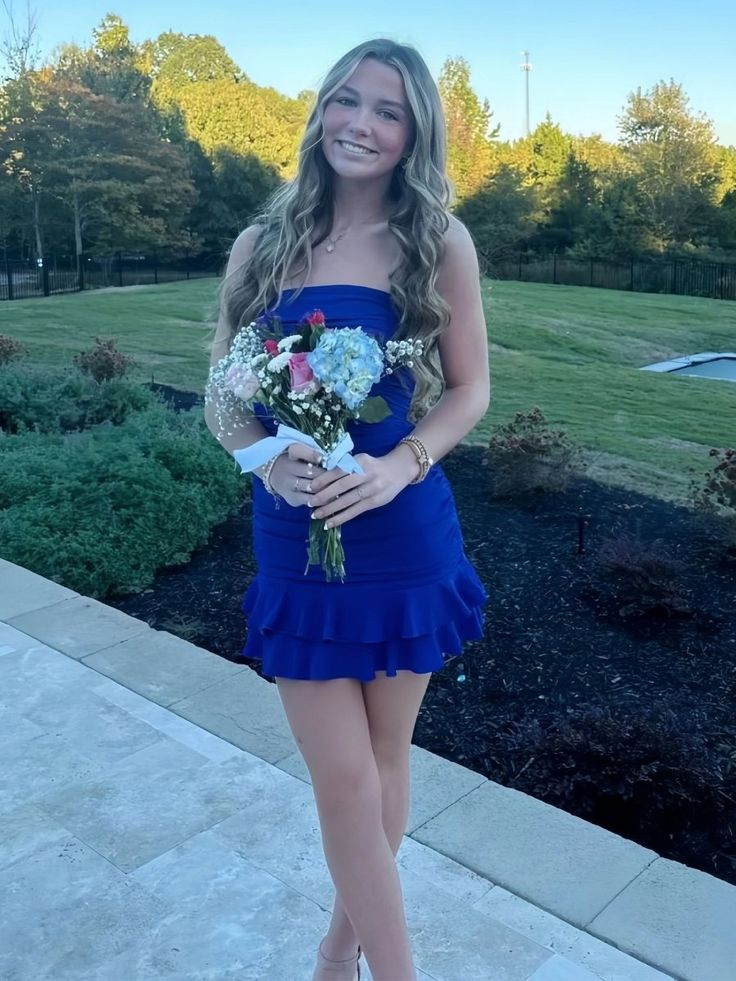 Royal Blue Strapless Bodycon Ruffles Short Homecoming Dresses J7443