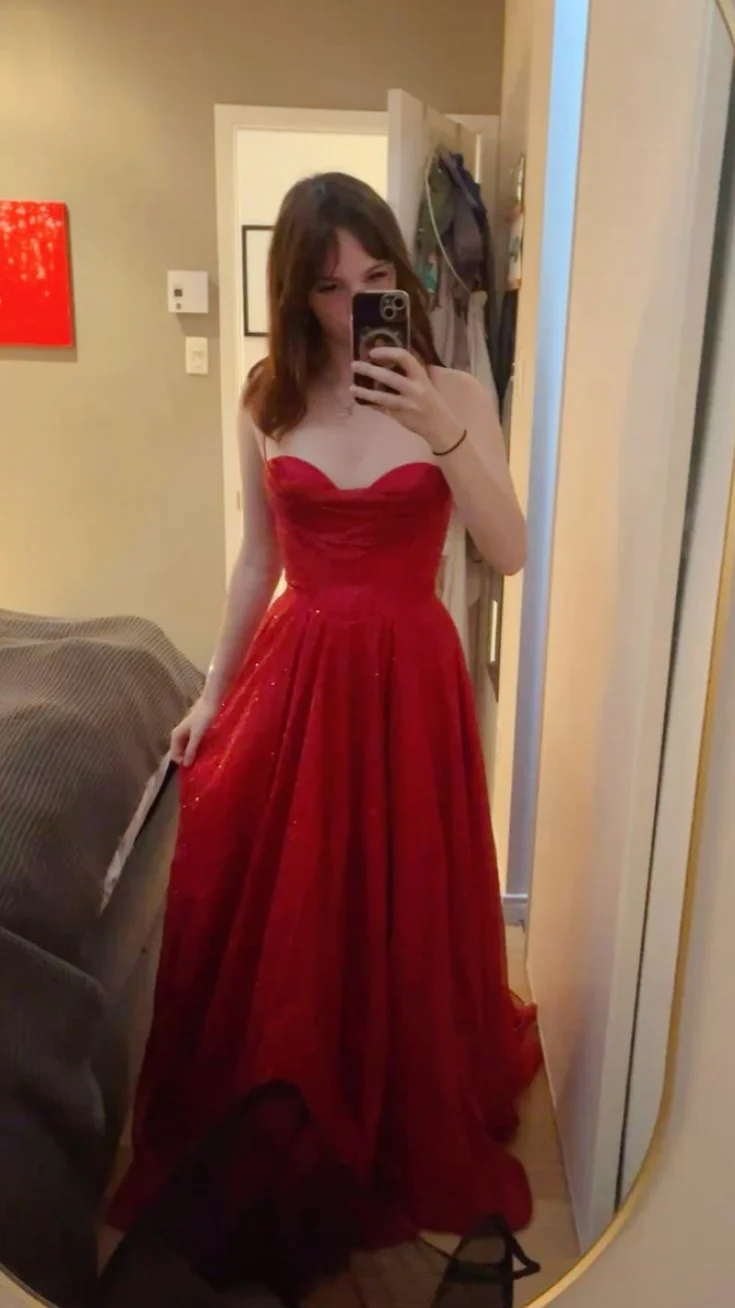Glitter Red A-line Long Prom Dresses Senior Graduation Dress J8756