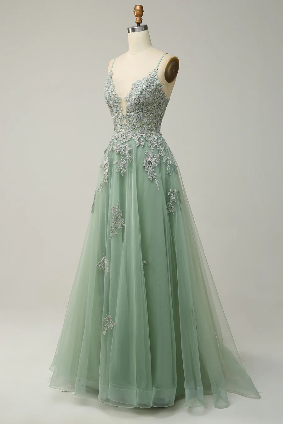 V Neck Appliques Lace-Up A-line Long Prom Dress J8342