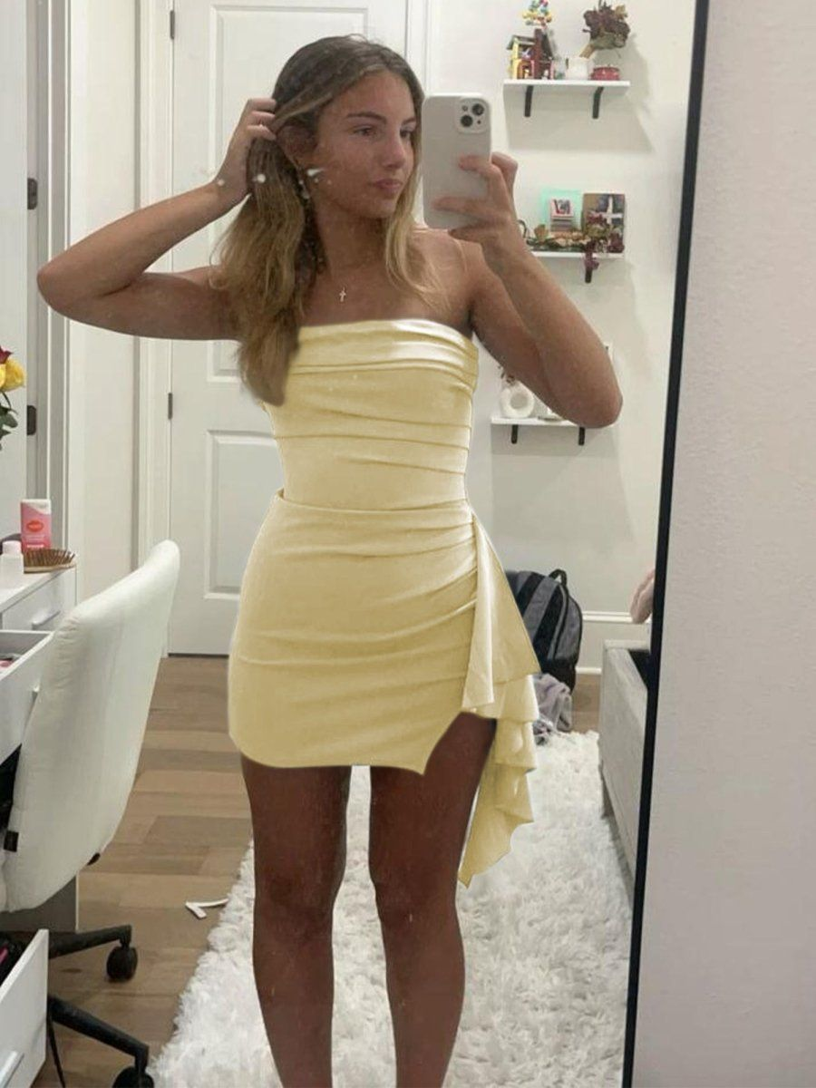 yellow strapless homecoming dress Ruched with Train  Dressesforparty Make a statement with this yellow homecoming dress and be the queen of the party. Yellow - Strapless Beaded Bodycon