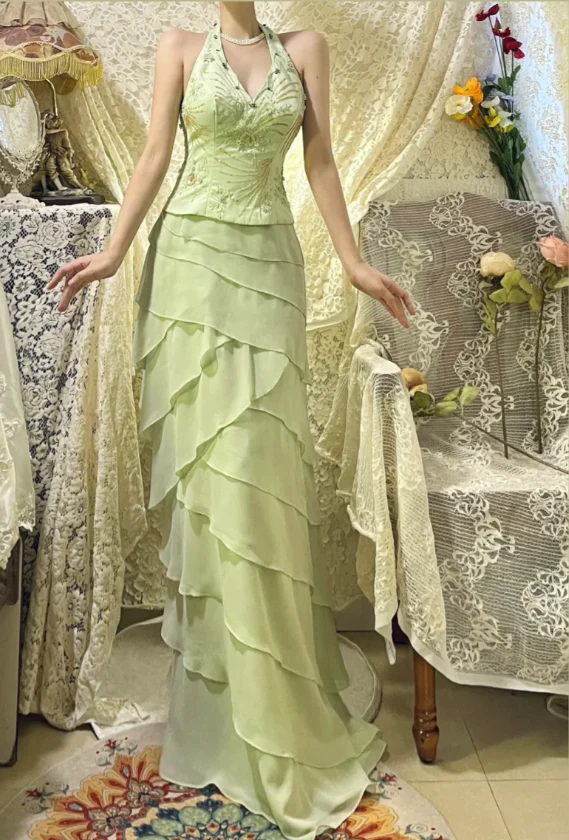 Halter Green Chiffon Prom Dress Beaded Formal Party Dress J8776