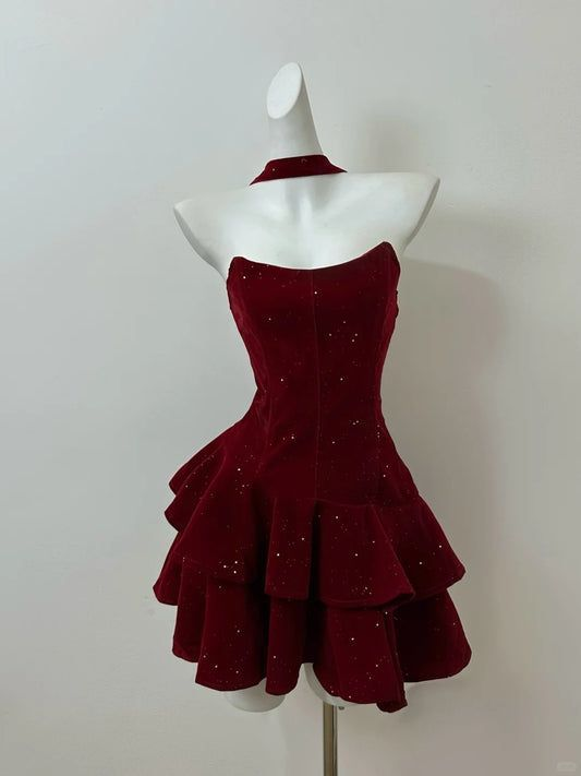 Trägerloses A-Linie Burgunderrotes kurzes Ballkleid Homecoming-Kleid J7575