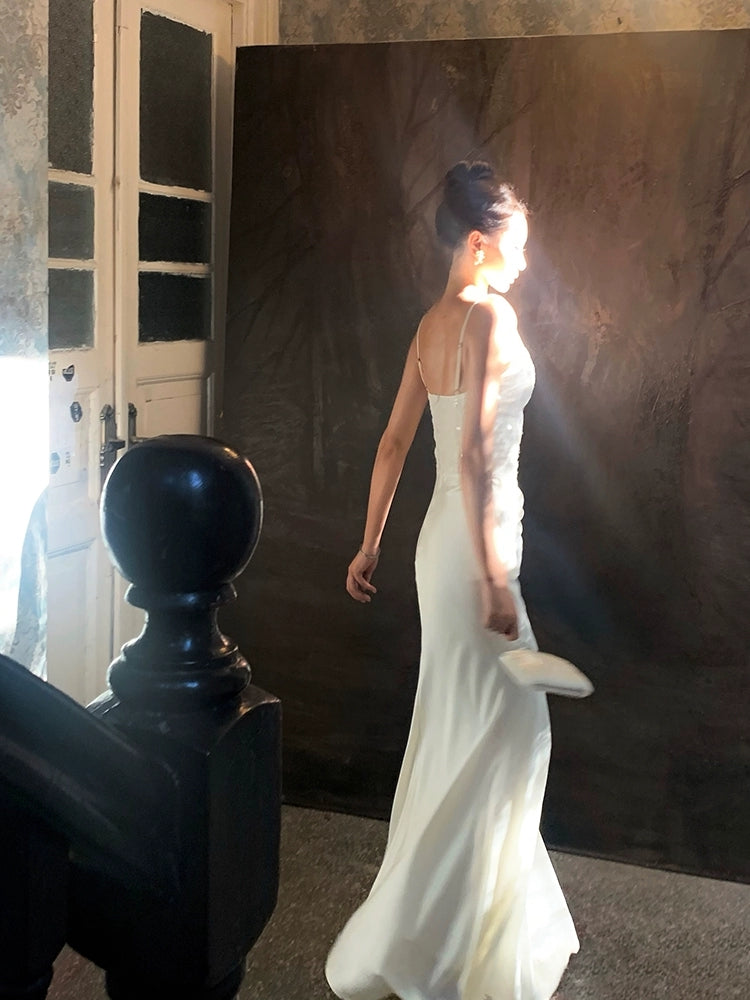 Weißes Etuikleid, langes Ballkleid mit Pailletten und Spaghettiträgern, Abendkleid J8611